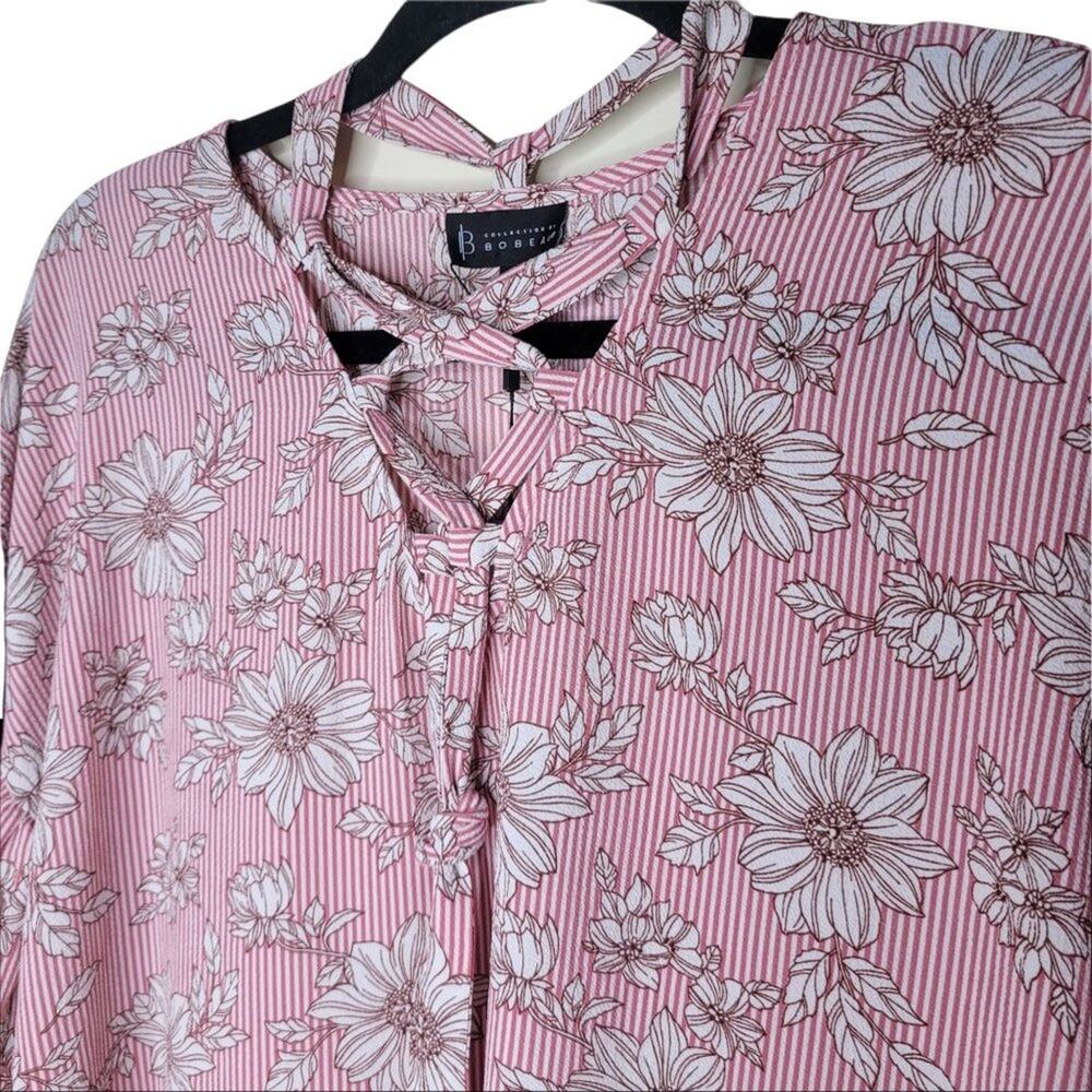NWT B Collection By Bobeau Pink Floral Striped Criss Cross Bell Sleeves Size S - Picture 2 of 6